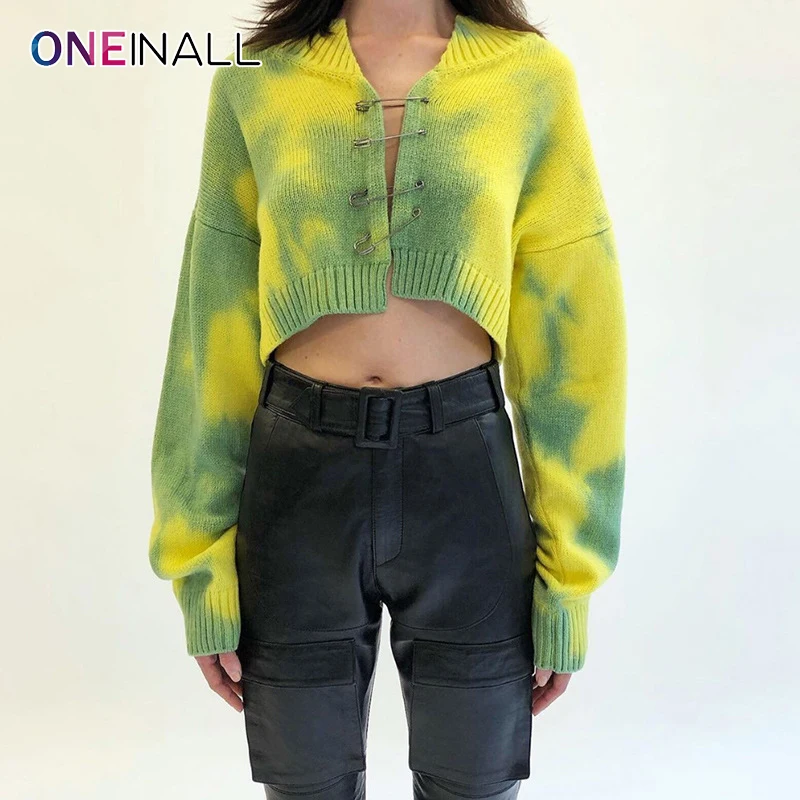 

ONEINALL Green Casual Tie Dye Patchwork Sweater For Female V Neck Long Sleeve Short Colorblock Women's Cardigan 2021 Autumn New