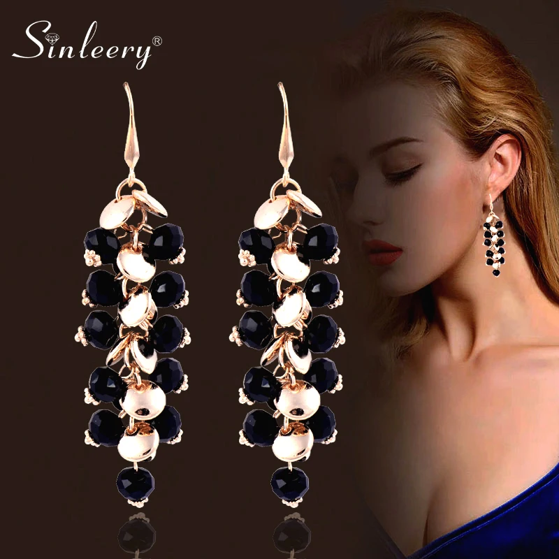 

SINLEERY Dazzling A Bunch Of Grapes Shape Big Earrings Yellow Gold Color Black Rhinestone Long Earrings Women Dangler ES890 SSB