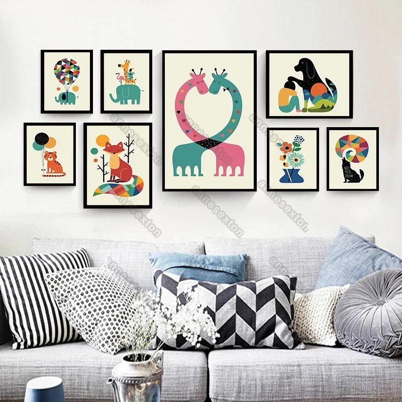 

Various Cartoon Animals Dog Cat Fox Elephant Giraffe Picture Modern Style Canvas Painting Poster for Nursery Rooms Wall Decorati