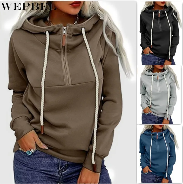 

WEPBEL Sweatshirts Autumn Long Sleeve Loose Zip Sweatshirts Women's Casual Solid Color Stitching Hooded Pullover Sweatshirts