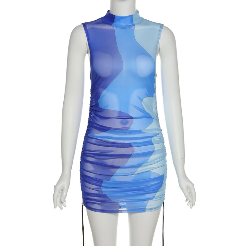 

Design Women Sexy Dress Summer See Through Patchwork Sleeveless Mini Dress 2021 Chic Bodycon Streetwear Female Dress