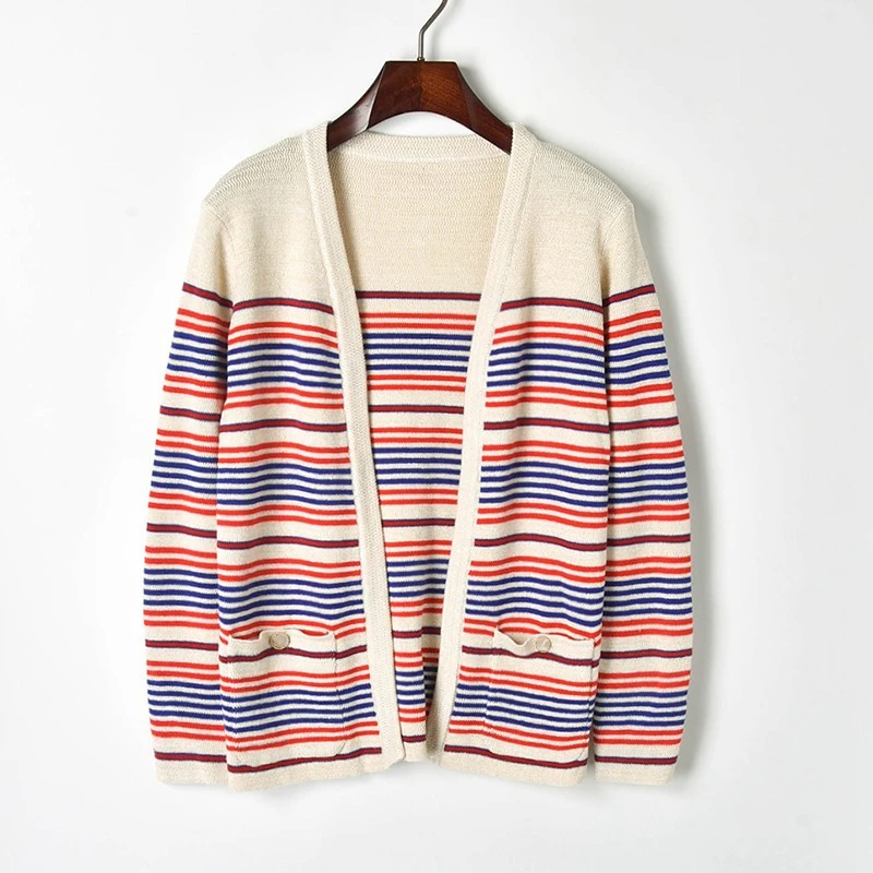 Женский вязаный кардиган в полоску повседневный Свободный с длинным рукавом