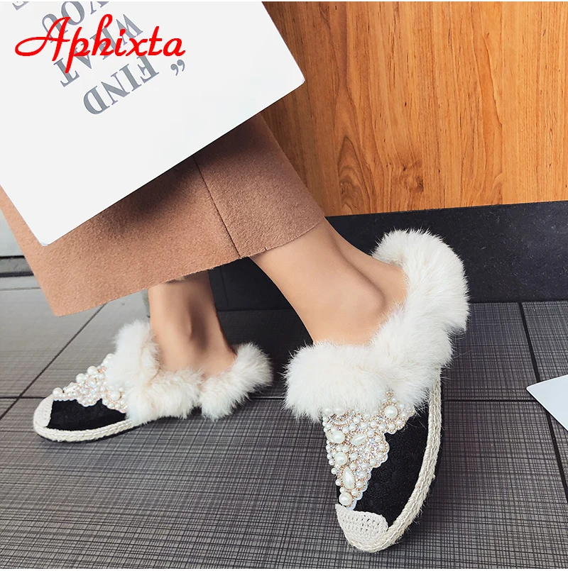 Aphixta зимние теплые тапочки с натуральным мехом; женская обувь на шнуровке с жемчугом и кристаллами; шикарная плюшевая женская обувь с натуральным кроличьим мехом