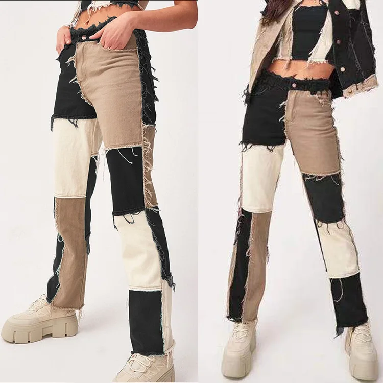 Джинсы женские хлопковые стрейчевые прямые в стиле пэчворк | Женская одежда