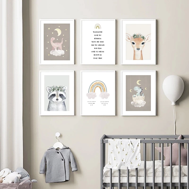 Nursery Wall Poster Rainbow Painting Moon Stars Cloud Posters Deer Bear Dinosaur Print Nordic Wall Pictures Kids Bedroom Decor