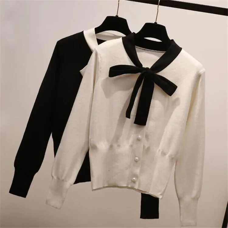

Elegant Ladies Sweaters Pearl Bow Tie Neck Women Pullovers Casual Patchwork Pull Sleeve Jumper Slim Long Sleeve Knitted Sweaters