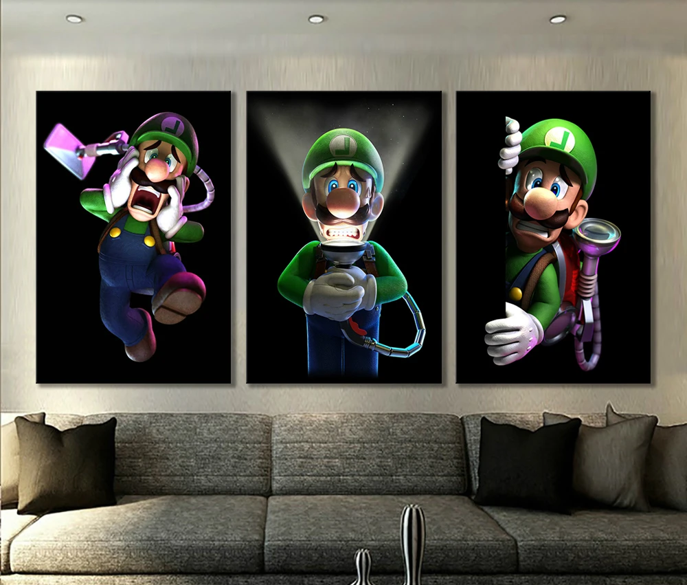 3 Панели Mario Bros Luigis Мультяшные картины настенные декор для спальни Mansion видеоигры