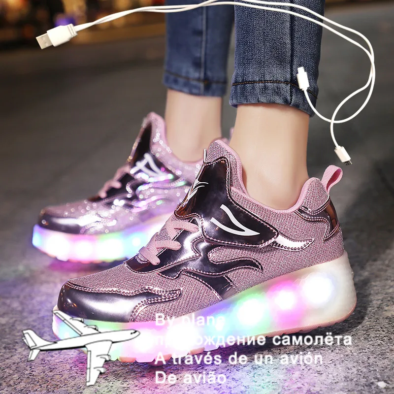 

Children Two Wheels Luminous Glowing Sneakers Gold Pink Led Light Roller Skate Shoes Kids Led Shoes Boys Girls USB Charging