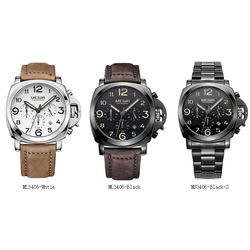 Megir Мужские Хронограф светящийся кварцевые часы с календарем Дата Круглый