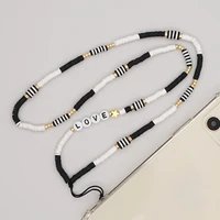 simple style acrylic letter mobile phone lanyard 6mm black and white soft pottery anti lost mobile phone chain female
