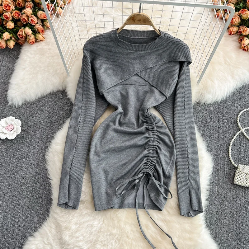 

Fashion Sexy Drawstring Fold Suspender Hip Wrap Dress Women's Spring Autumn Round Neck Shawl Top And Slip Dress Two Piece Sets