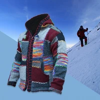 men cardigan zipper closure long sleeve autumn winter colorful patchwork drawstring hooded sweater coat knitwear
