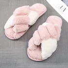 Женские меховые тапочки Kawaii, зимние, с перекрестными полосками, теплые, плюшевые, пушистые, уютные, с открытым носком, домашние, подарки