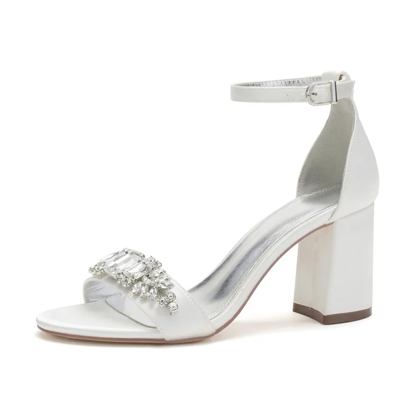 

Босоножки Свадебные атласные на блочном каблуке, с открытым носком, ремешок на щиколотке и пряжкой, сандалии с кристаллами для свадьбы, вечеривечерние, выпускного вечера, лето