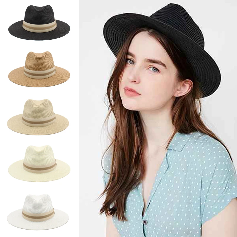 

Men Women Soft Straw Panama Hats Summer Wide Brim Fedora Sunhats Trilby Caps Outdoor Beach Travel Sombrero Size US 7 1/4 UK L