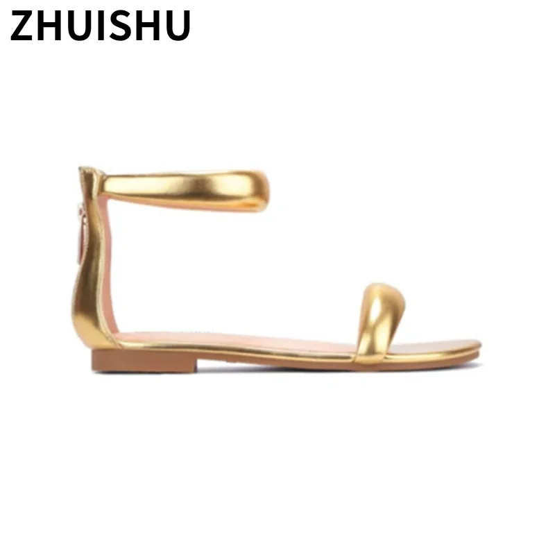 

Gold Strap Women Flat Sandals Silver Fashion Solid Open Toe Shoes Round Summer Shoes Woman Back Zip Street Wearing Women Sandals
