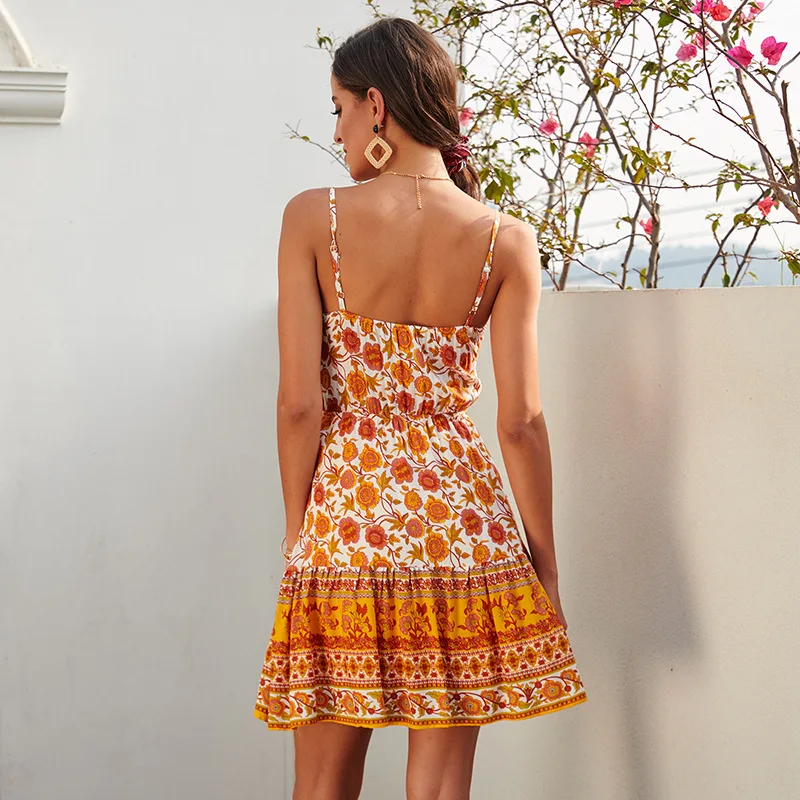 

Sexy Backless Cotton Floral Woman Dress 2021 Summer Spaghetti Strap Boho Beach Casual Mini Ladies Dresses For Women Sundress