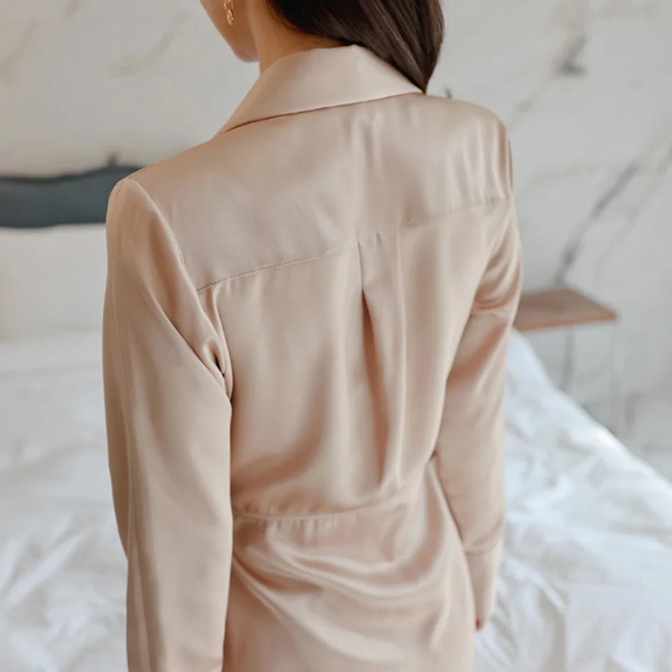 

Simple Elegant Party Dress 2021 Spring Fashion Turn-Down Collar Folds Mid-Calf Asymmetry Plain Office Shirt Dress Women