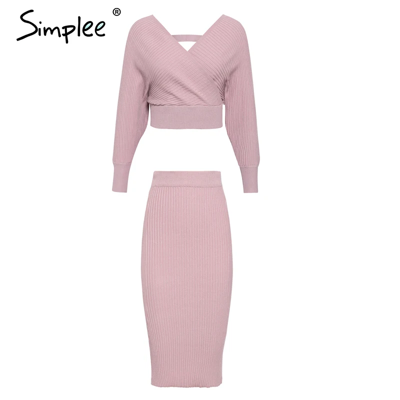 

Sexy v-neck women knitted skirt suits Autumn winter batwing sleeve 2 pieces Elegant party female sweater pink dress