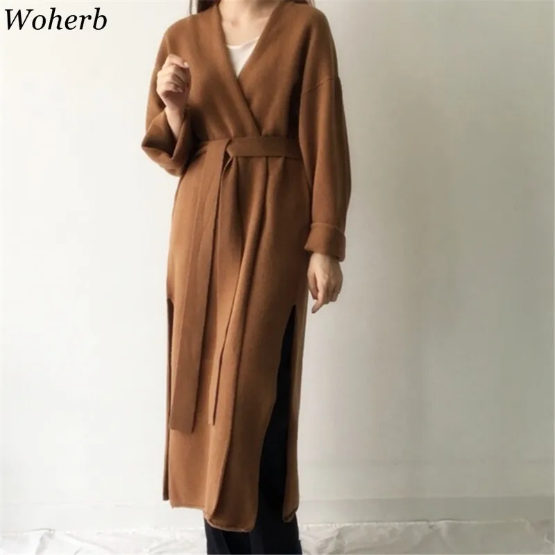 Woherb винтажный черный свитер женский однотонный длинный рукав Сплит длинный кардиган со шнуровкой открытая стежка корейская мода новинка 90987