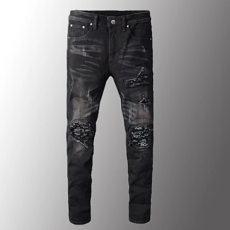 Minglu мужские джинсы роскошные черные Бандана с принтом пейсли пэчворк байкерские