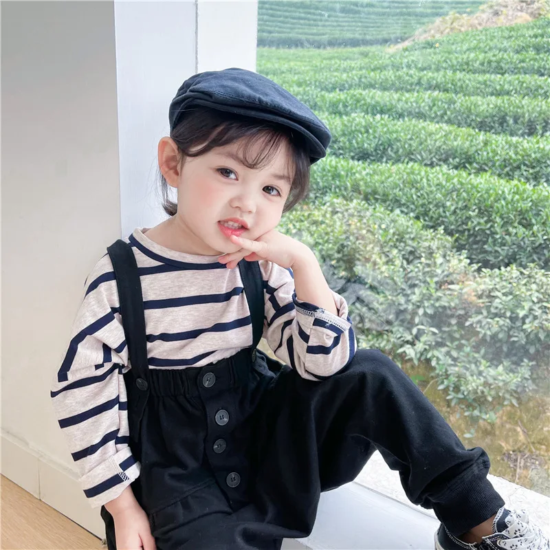 

2021 Spring Korean Girl Cotton Striped T Shirt with Single Row Button-down Knitted Strappy Pants Two-piece Set