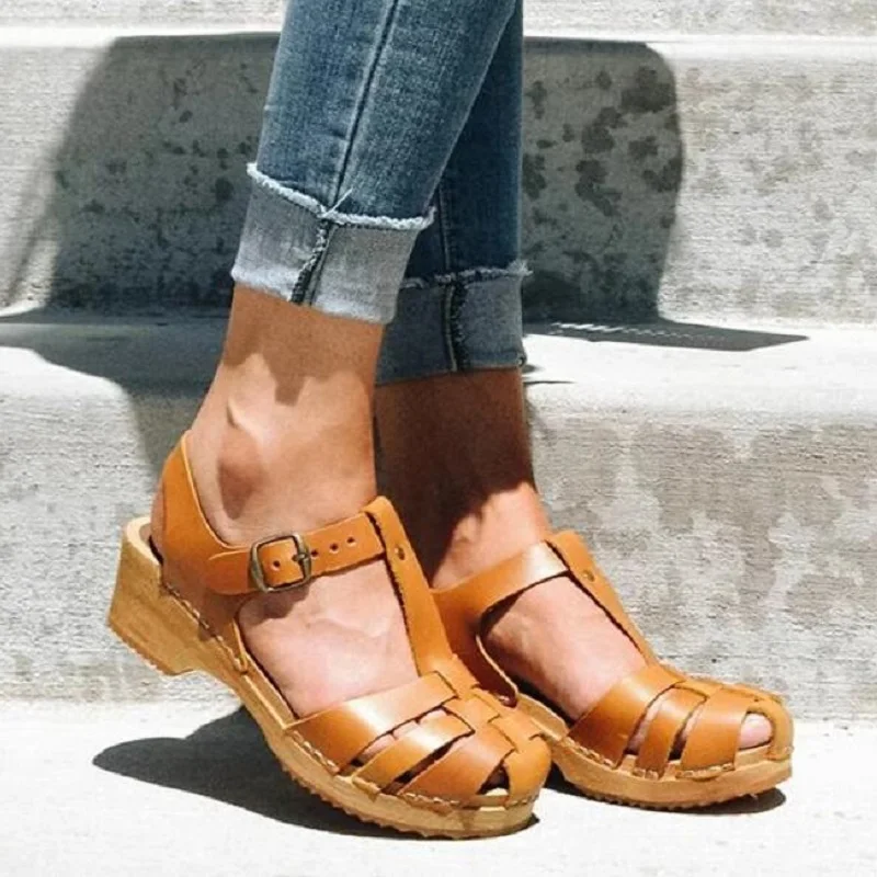 

New Summer Women T Strap Sandals Mid Heels Platform Gladiator Ladies Shoes Black Closed Toe Beach Sandals Sandalias Mujer