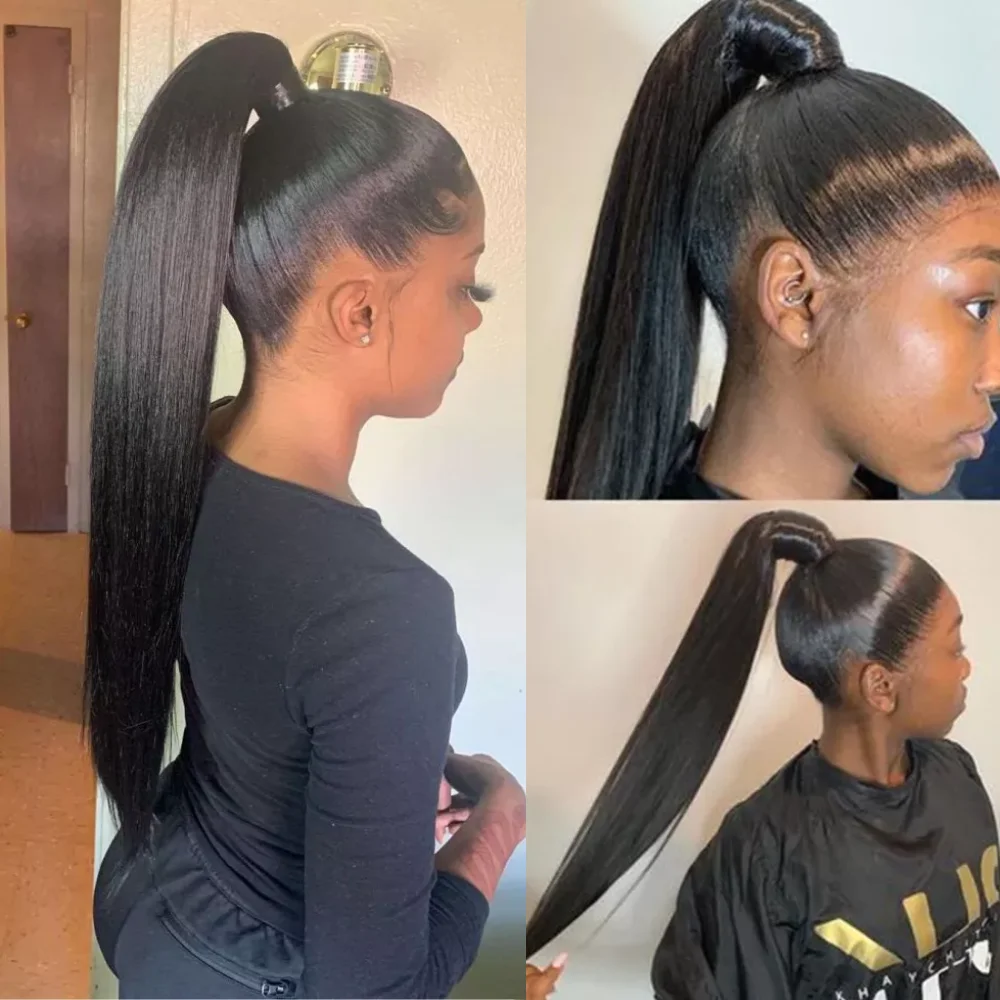 

Сапфировый длинный прямой шнурок человеческие волосы конский хвост натуральный цвет Реми заколка для волос удлинение волос конский хвост ...