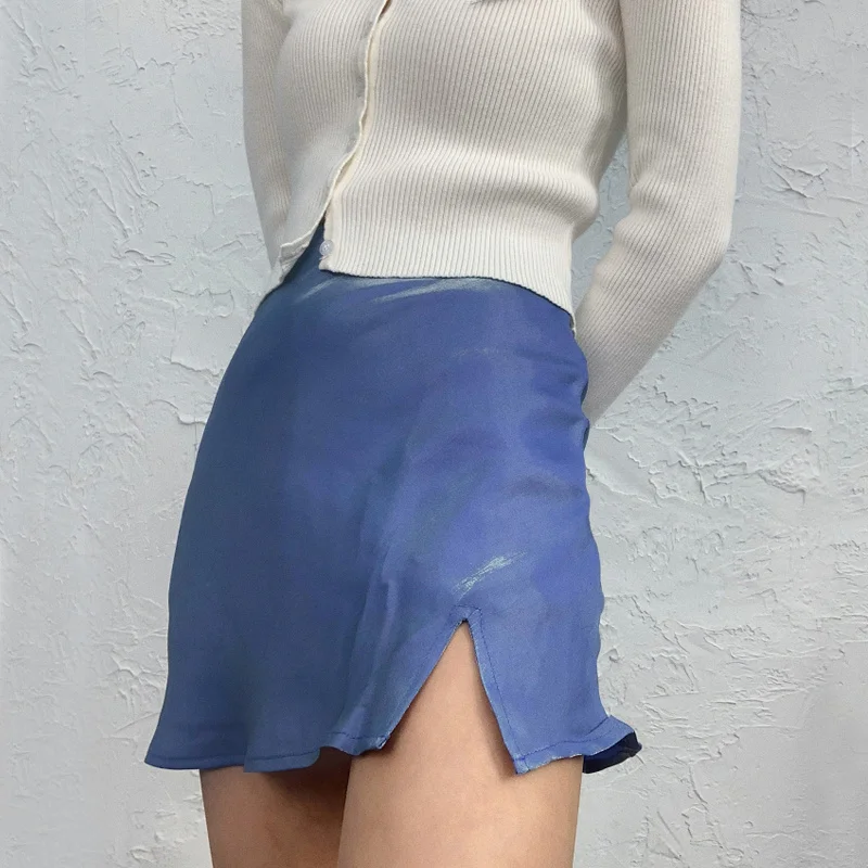

TVVOVVIN Women Laser Shine Satin Mini Skirt With Split Detail Satin Mini Skirt With Safe Underpants Hot Sexy Korean Mesh RP1D