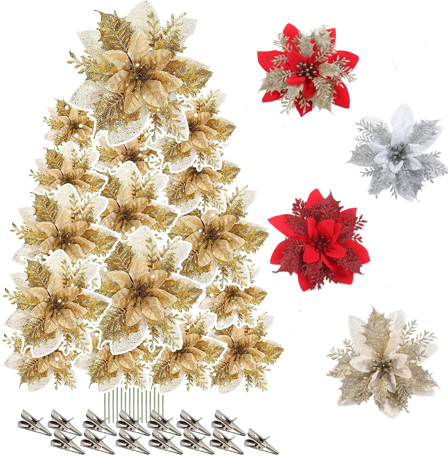 

20pcs Christmas Flower Artificial Dlower Wreath Accessories With Clip Christmas Tree Decoration New Year Party Floral Decoration