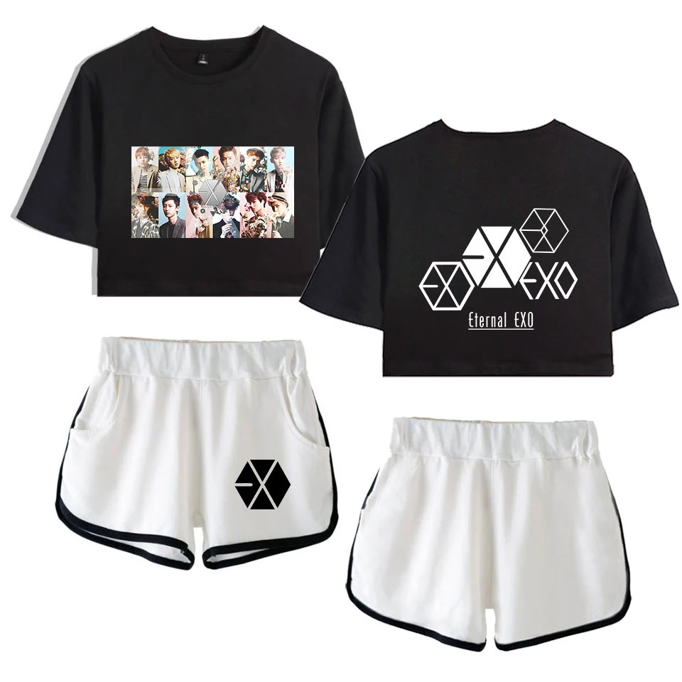 

NEW KPOP EXO PLANET#5 Two Piece Set Women Shorts Outerwear 2 Piece Sets Female Sexy Crop Top and Pants Harajuku K Pop Clothes