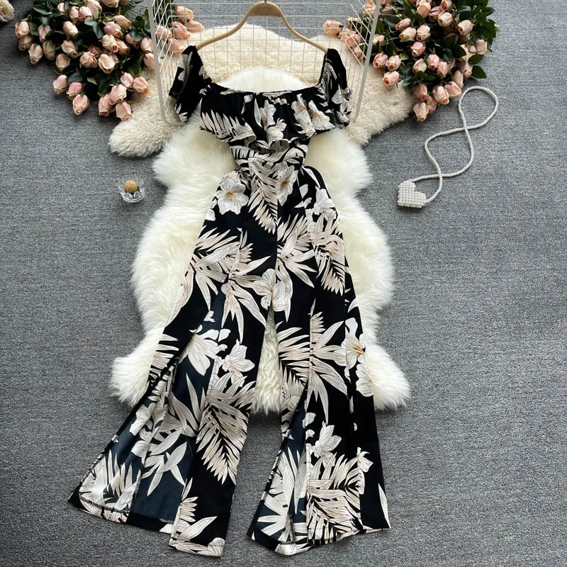 

Женские широкие брюки с цветочным принтом FMFSSOM, черные пляжные прямые пикантные комбинезоны с прямыми плечами, лето 2021