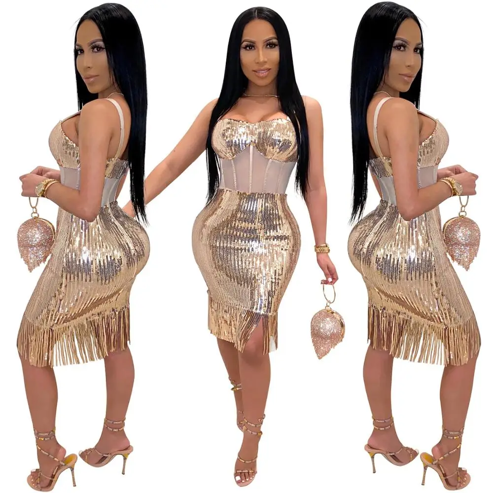 

The new women's dress sexy sequin halter dress fringe wrap hip nightclub dress