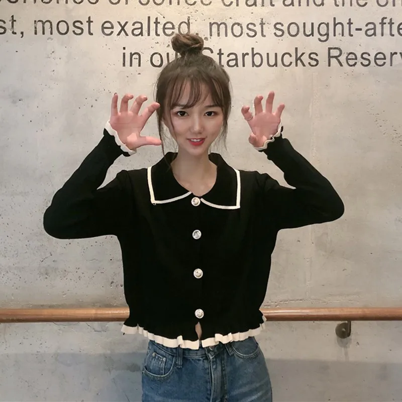 Women Sweater Elegant Turn Down Collar Button Pullover Female Korean Kawaii Ladies Knitted Jumpers Autumn Winter Clothing | Женская