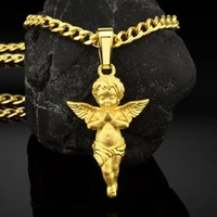 korean fashion hip hop style necklace for men angel wings little golden man pendant necklace vintage male accessories wholesale