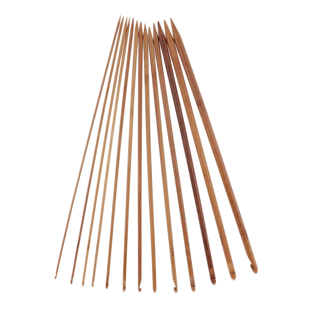 

14 Pcs Wooden Crochet Hooks 3mm-10mm Smooth Bamboo Knitting Needles Set Weaving Craft Tool Portable and Easy To Use