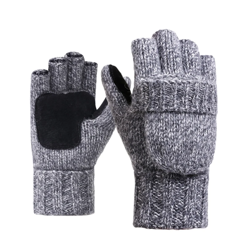

Unisex Wool Gloves Mittens Winter Warm Knitted Convertible Mittens Flap Cover