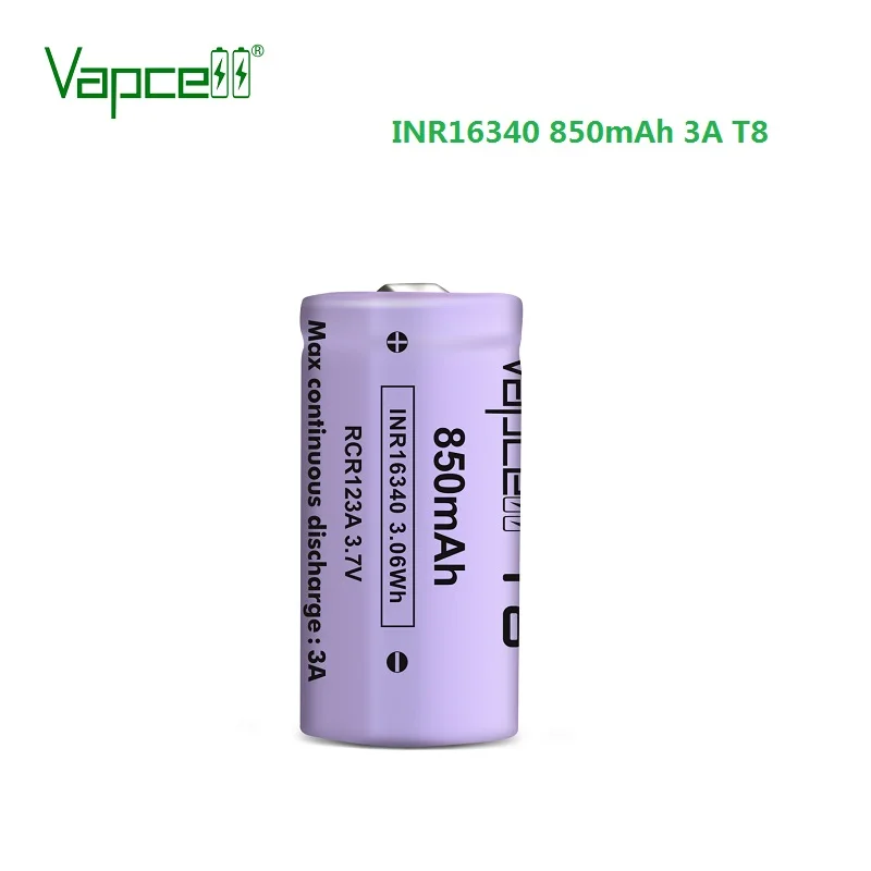 Vapcell Original 16340 850mah 3A T8 3.7V li ion battery rechargeable button top batteries for flashlight power tools HKJ test |