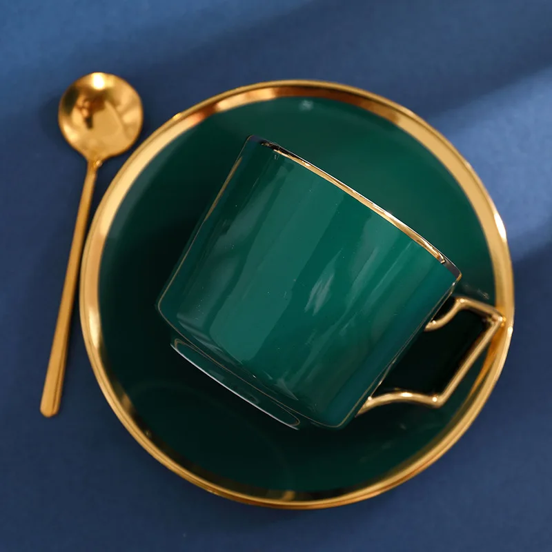 

European style small deluxe coffee cup saucer ceramic spoon dark green