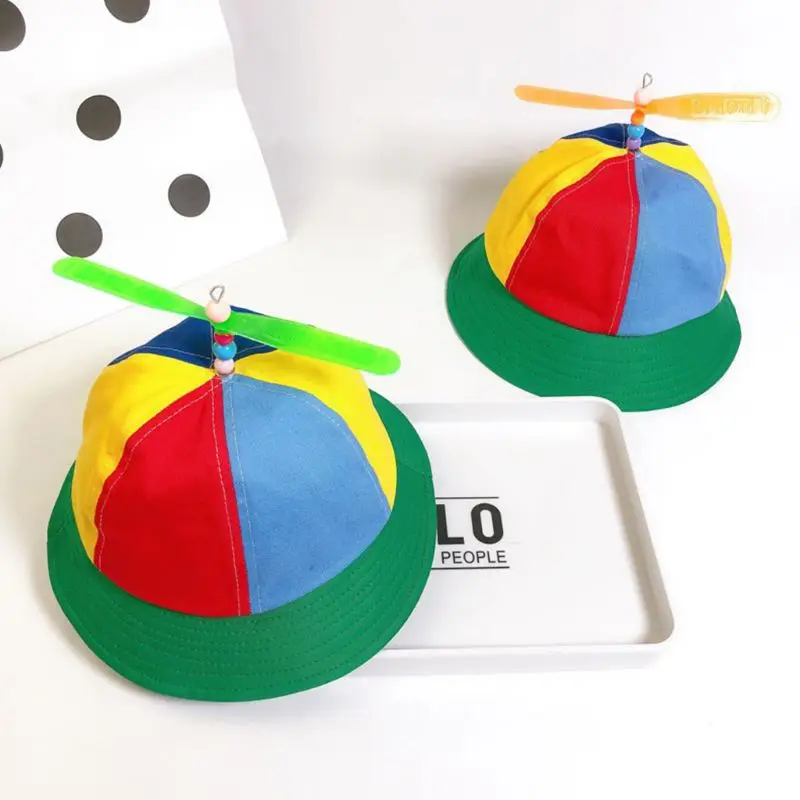 Children Kids Cotton Helicopter Propeller Bucket Cap Color Block Patchwork Dragonfly Beaded Summer Sun Protection Fisherman Hat | Детская
