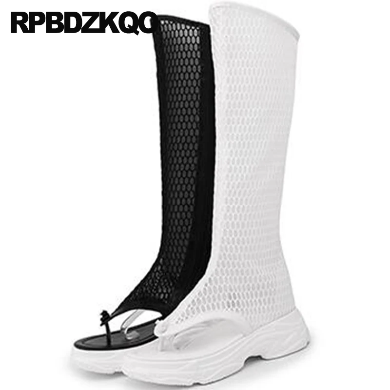 Белые сапоги на платформе меш летние черный обувь Harajuku танкетке высокие сандалии