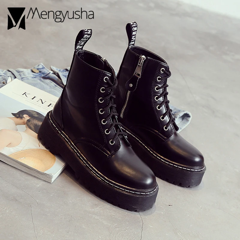 Женские ботинки на шнуровке Короткие мотоциклетные Ботильоны молнии с плюшевой