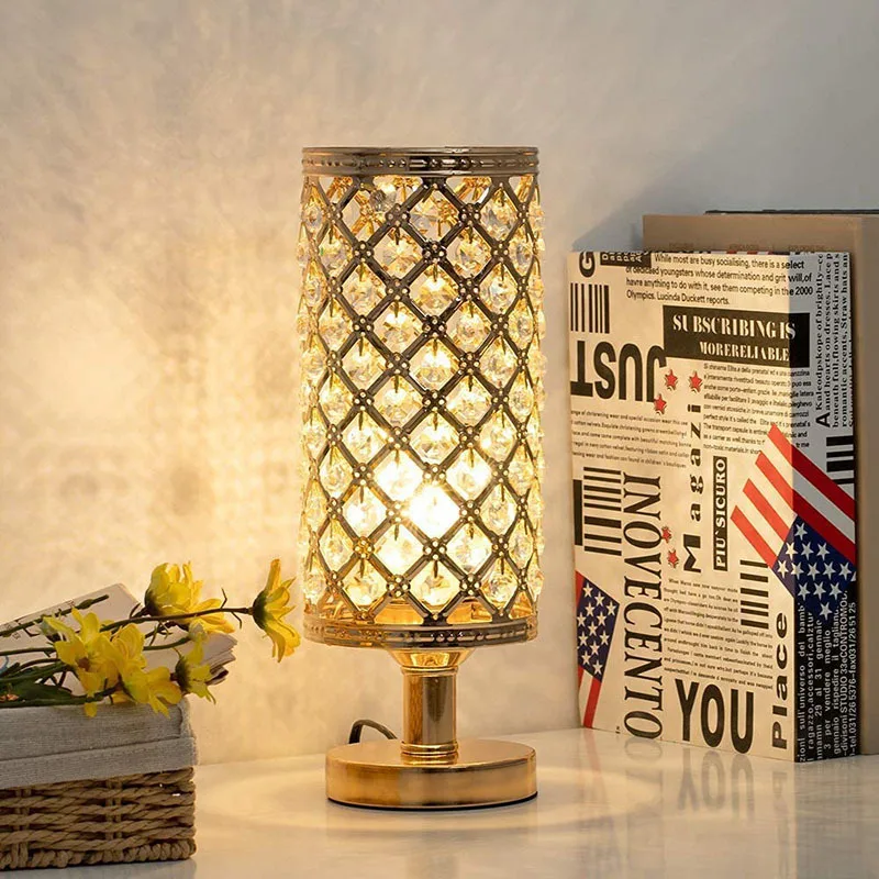 

Gold Crystal Table Lamp Simple Living Room Bedroom Bedside Night Lamp Crystal Living Room E27 Desk Decoration Desk Lamp