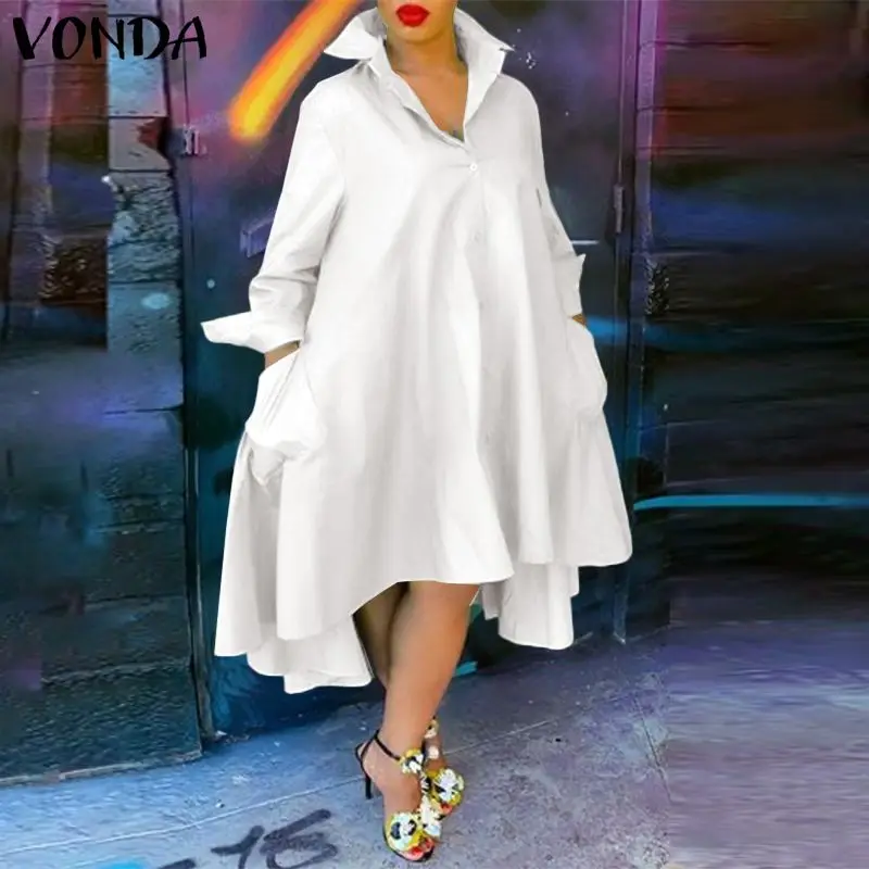 

Loose Dress Casual Lapel Neck Dress Women Bohemian Sundress VONDA 2021 Plus Size Vestidos Elegant Sundress Robe Femme