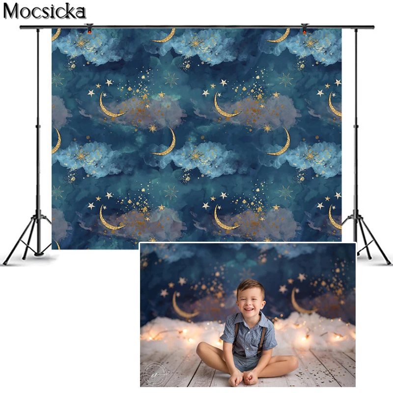 

Mocsicka новорожденный фантазия звездное небо фотография Фон золотые звезды луна декорация реквизит детская портретная студия