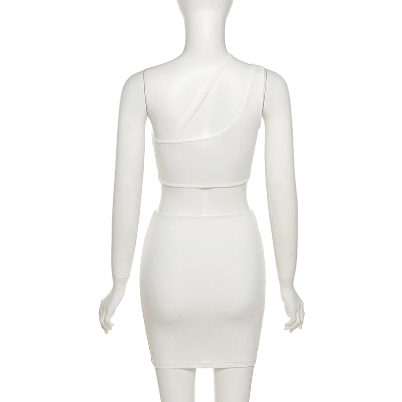 

hirigin Summer Casual Black Two Piece Set Women's Asymmetry Shoulder Tank Top+Skinny Mini Skirts Party Matching Outfits