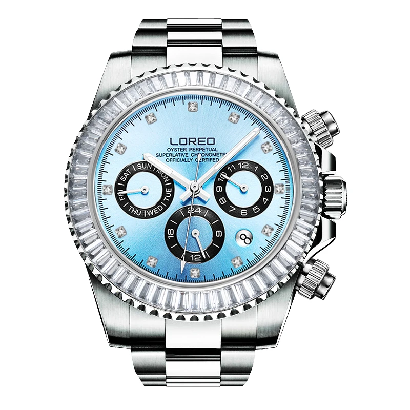 LOREO мужские часы Авто Дата сапфировое спортивные из нержавеющей стали сильные