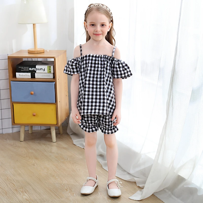 Модный клетчатый комплект для девочек топ на бретельках с открытыми плечами