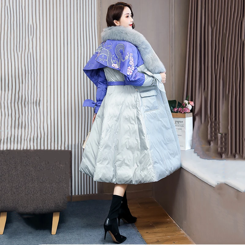 

Winter Parkas Women Fashion Large Fur Collar Embroidery Jacket 2020 Slim New Stitching Long Cotton Clothing Winter coat Female