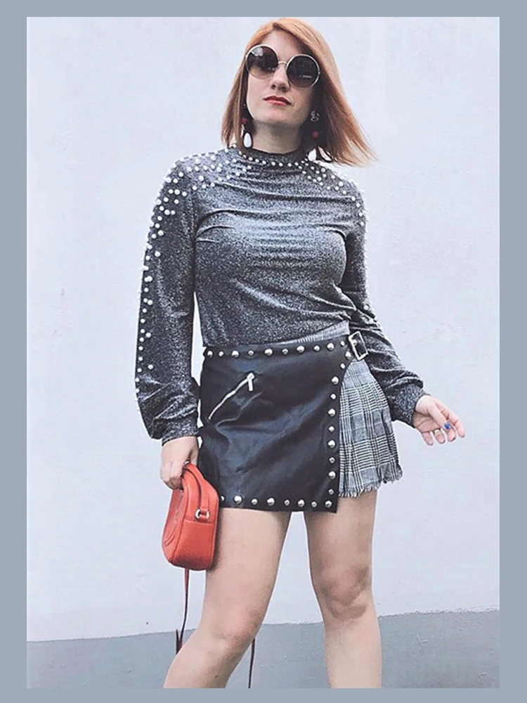 Sheinside с жемчужинами и бисером, блестящий вязаный свитер с рукавом Бишопа, джемпер с длинным рукавом, осенне-зимние топы для женщин, пуловер, свитера